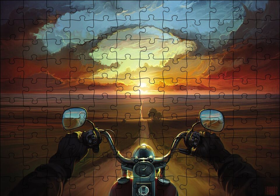 Motorcu Uzun İnce Yol Puzzle Yapboz MDF Ahşap 120 Parça 24 cm X 34 cm