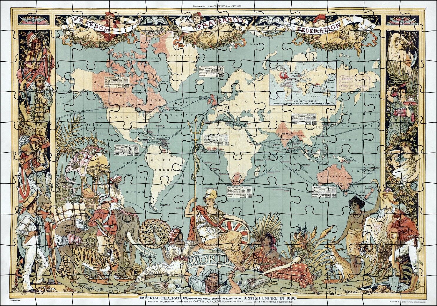 Dünya Haritası ve Bazı Halklar 1886 Yılı Puzzle Yapboz MDF Ahşap 120 Parça 24 cm X 34 cm