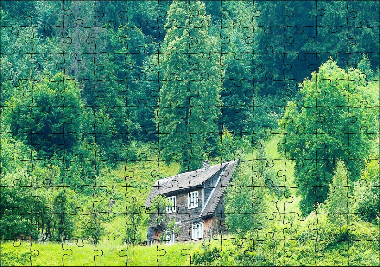 Yemyeşil Orman ve Önündeki Ahşap Ev Puzzle Yapboz MDF Ahşap 120 Parça 24 cm X 34 cm