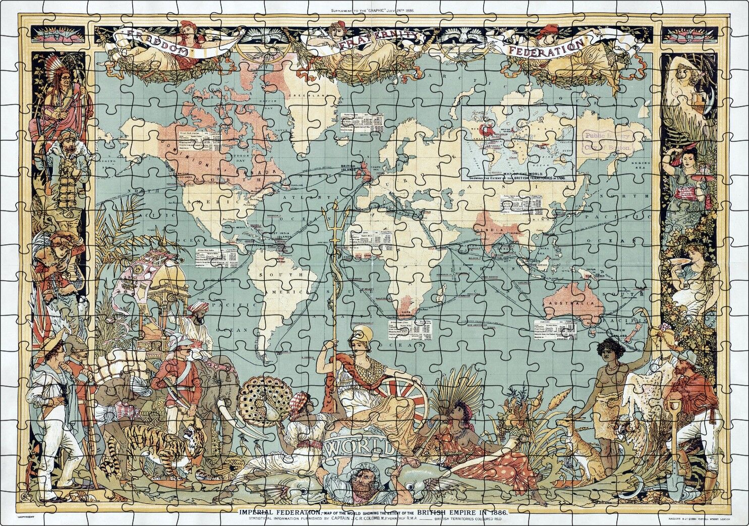 Dünya Haritası ve Bazı Halklar 1886 Yılı Puzzle Yapboz MDF Ahşap 255 Parça 34 cm X 49 cm