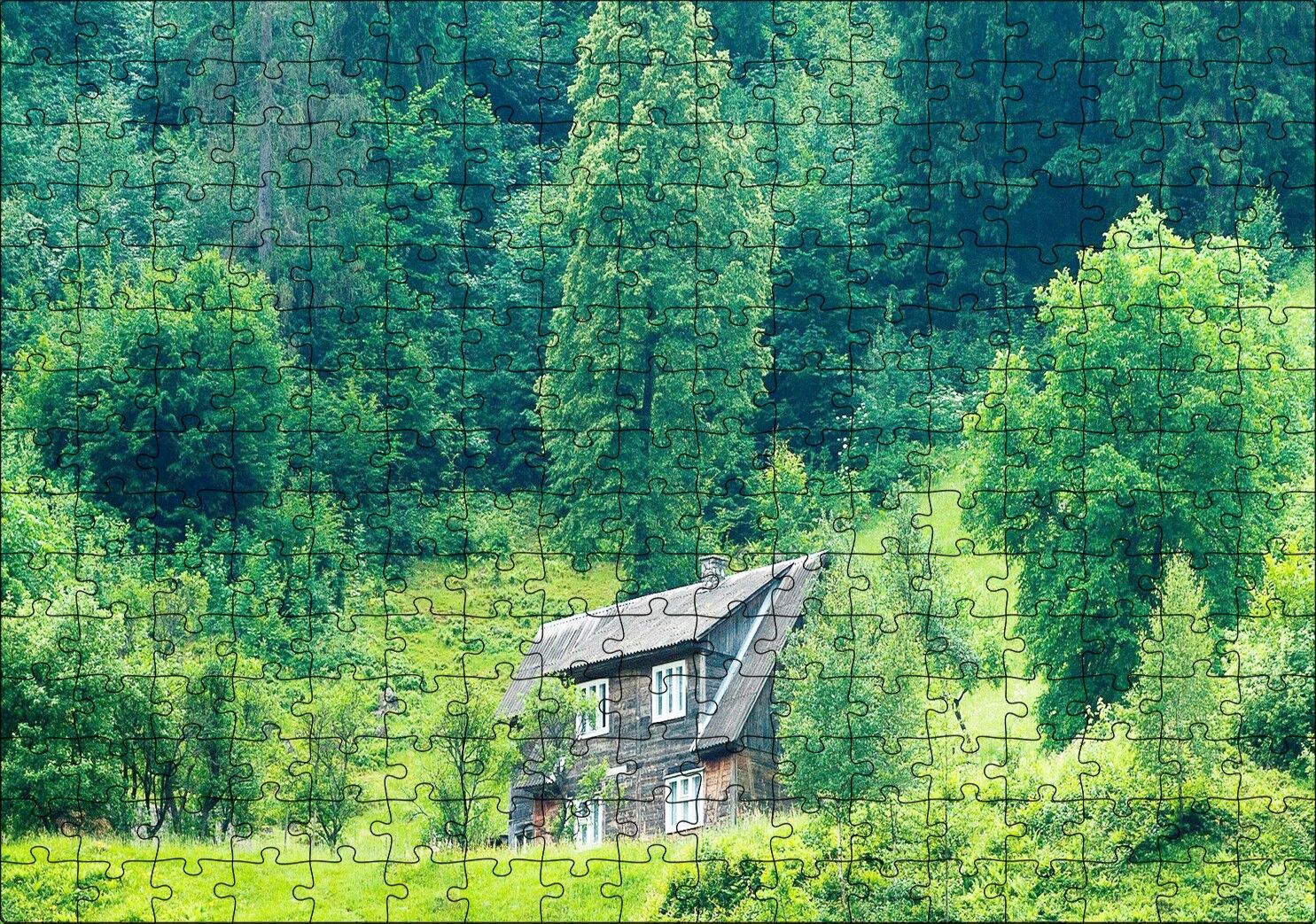 Yemyeşil Orman ve Önündeki Ahşap Ev Puzzle Yapboz MDF Ahşap 255 Parça 34 cm X 49 cm