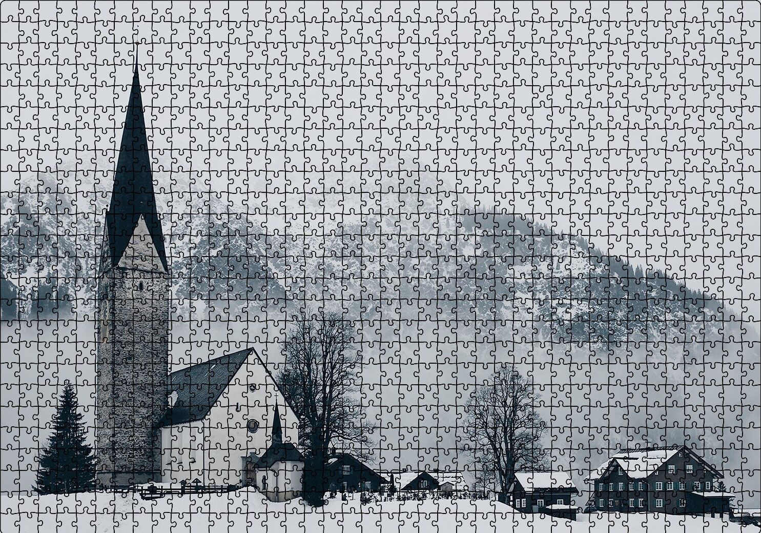 Karlar İçinde Kilise Evler ve Yüksek Dağ Puzzle Yapboz MDF Ahşap 1000 Parça 49 cm X 68 cm