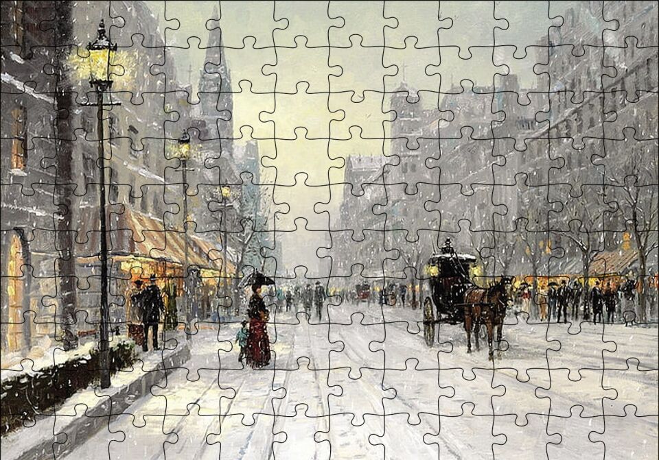 Karlı Caddede İnsanlar ve Arabalar Puzzle Yapboz MDF Ahşap 120 Parça 24 cm X 34 cm