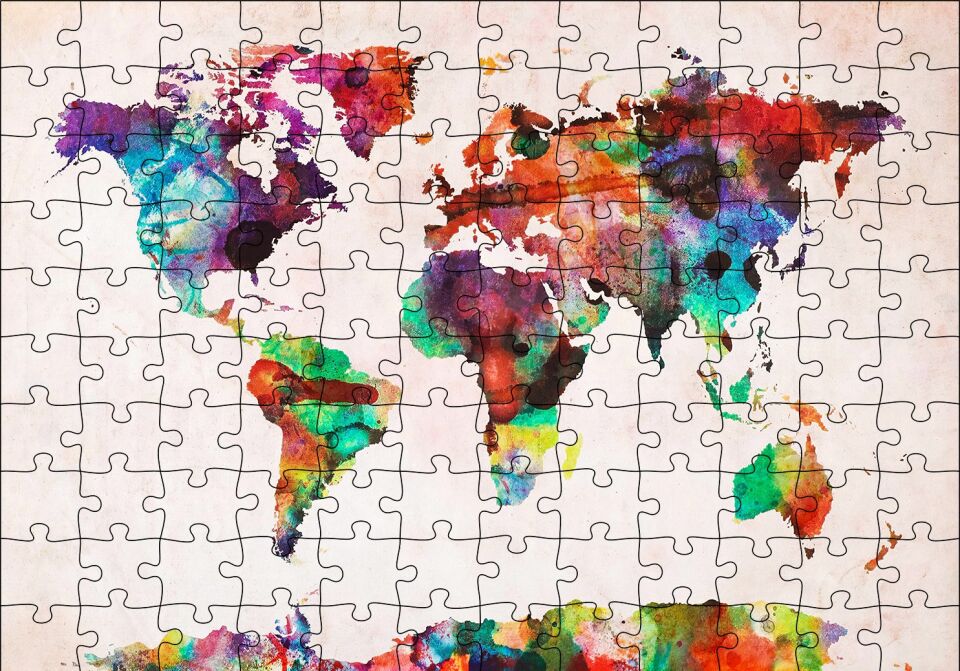 Dünya Haritası Suluboya Mozaik Puzzle Yapboz MDF Ahşap 120 Parça 24 cm X 34 cm