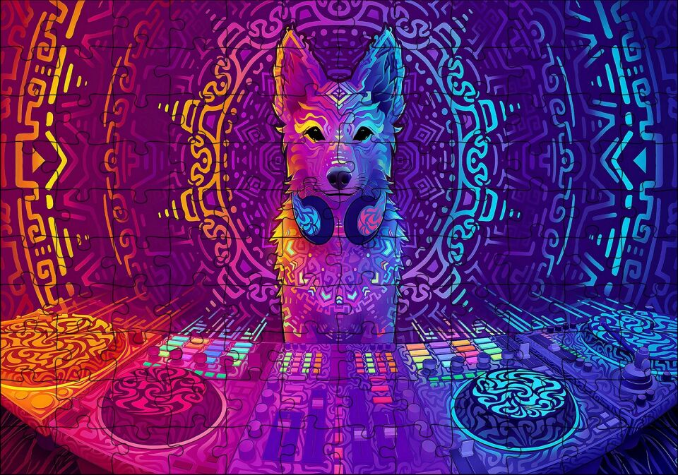 DJ Köpek ve Saykodelik Desenler Puzzle Yapboz MDF Ahşap