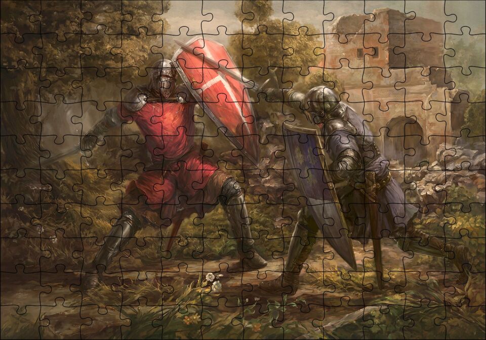 Çarpışan Zırhlı Şövalyeler Yağlı Boya Puzzle Yapboz MDF Ahşap