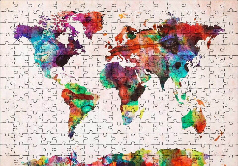 Dünya Haritası Suluboya Mozaik Puzzle Yapboz MDF Ahşap 255 Parça 34 cm X 49 cm