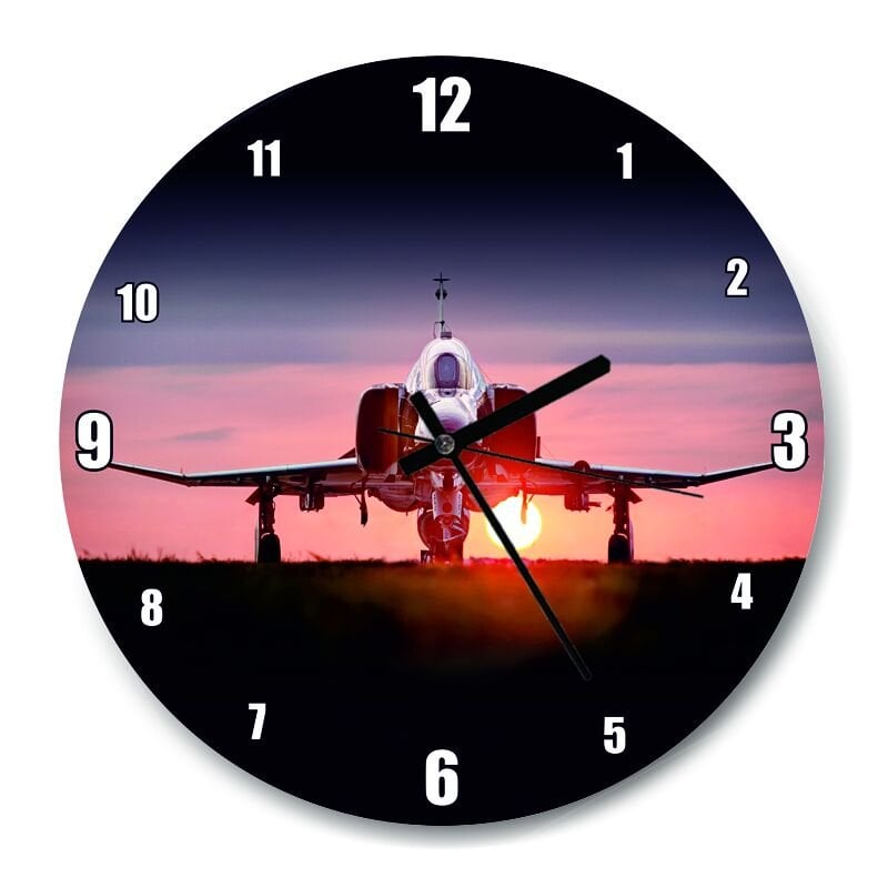 F4 Phantom Süpersonik Jet ve Günbatımı  Mdf Ahşap Duvar Saati 30 cm Çap