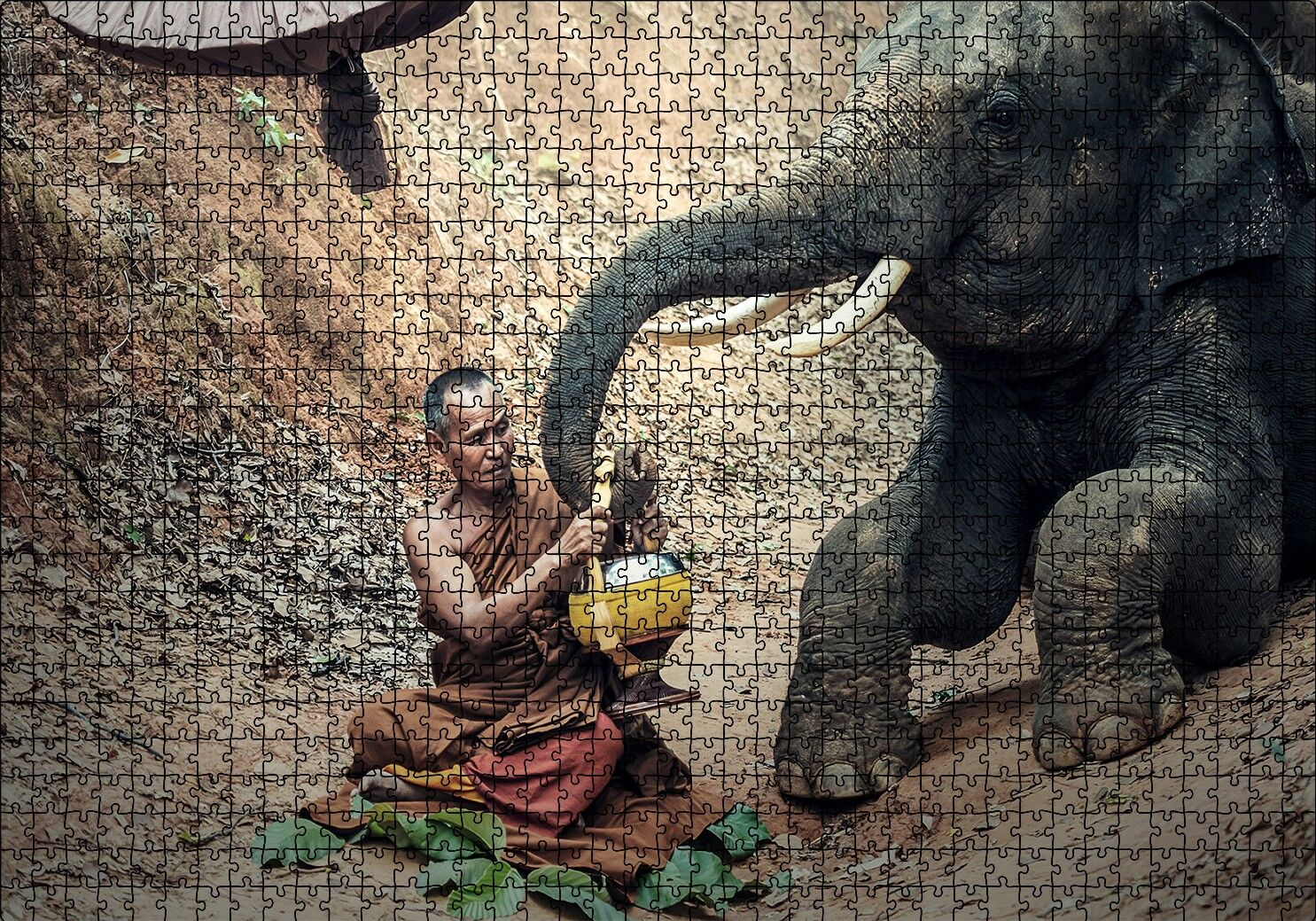 Budist Keşiş ve Fil Puzzle Yapboz MDF Ahşap 1000 Parça 49 cm X 68 cm