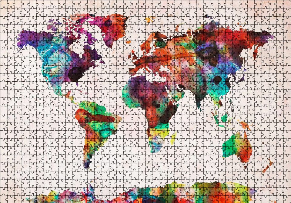 Dünya Haritası Suluboya Mozaik Puzzle Yapboz MDF Ahşap 1000 Parça 49 cm X 68 cm