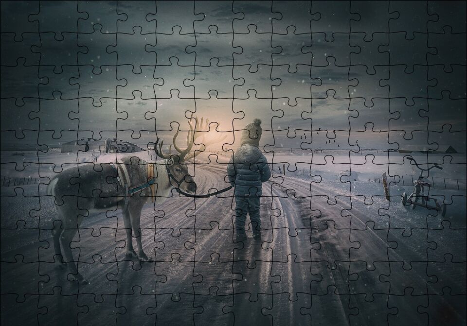 Kış Ren Geyiği Küçük Çocuk Puzzle Yapboz MDF Ahşap 120 Parça 24 cm X 34 cm