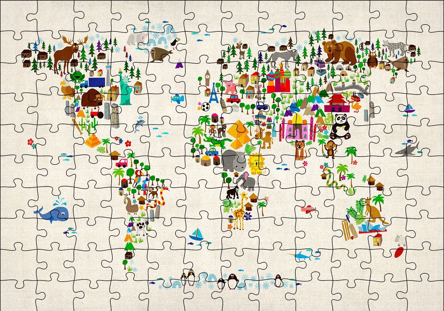 Dünya Haritası Ülkeler ve Simgeleri Puzzle Yapboz MDF Ahşap 120 Parça 24 cm X 34 cm