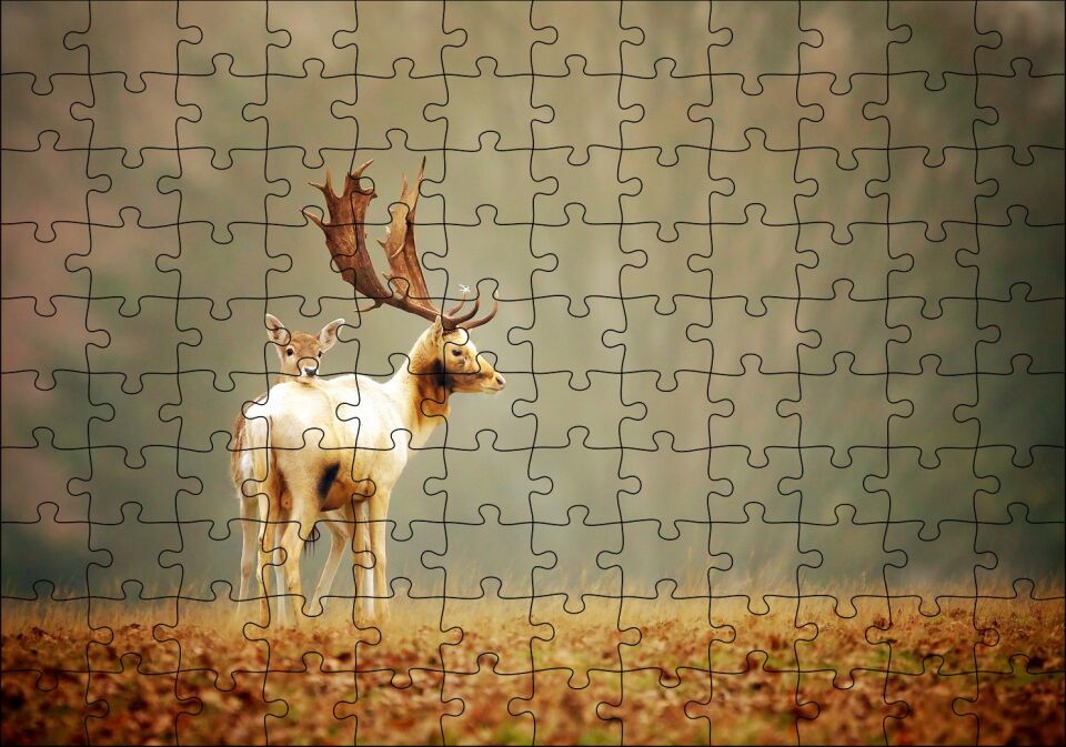 Yerde Sonbahar Yaprakları ve Anne Geyikle Yavrusu Puzzle Yapboz MDF Ahşap 120 Parça 24 cm X 34 cm