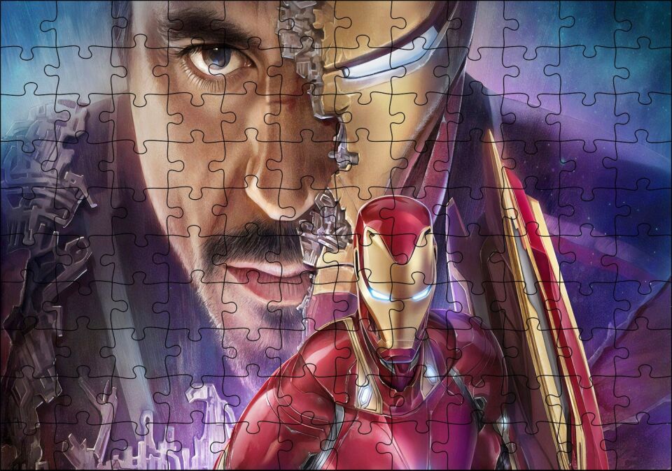 Yenilmezler Iron Man ve Tony Stark Kompozisyon Puzzle Yapboz MDF Ahşap 120 Parça 24 cm X 34 cm