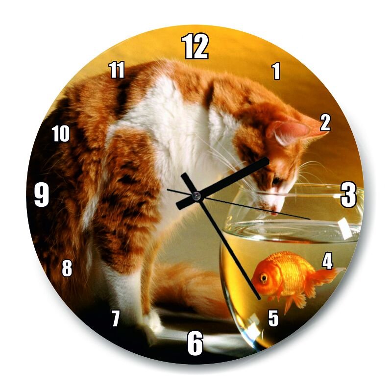 Fanustaki Balık ve İzleyen Kedi  Mdf Ahşap Duvar Saati 30 cm Çap