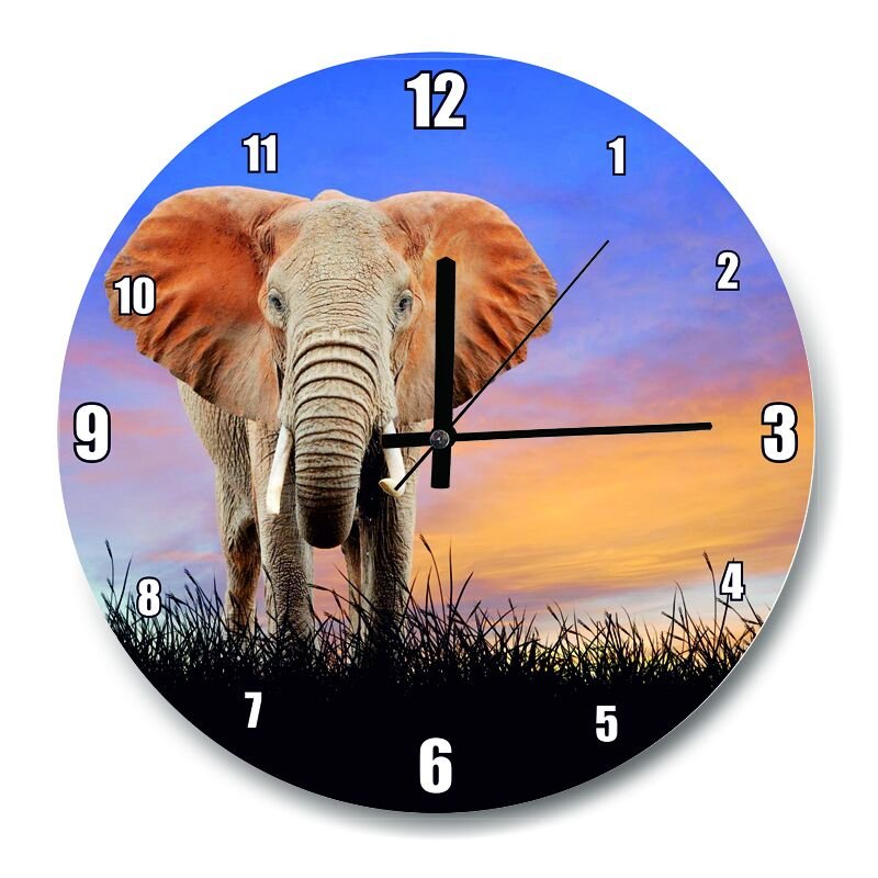 Çayırdaki Yetişkin Fil ve Kızıl Gökler  Mdf Ahşap Duvar Saati