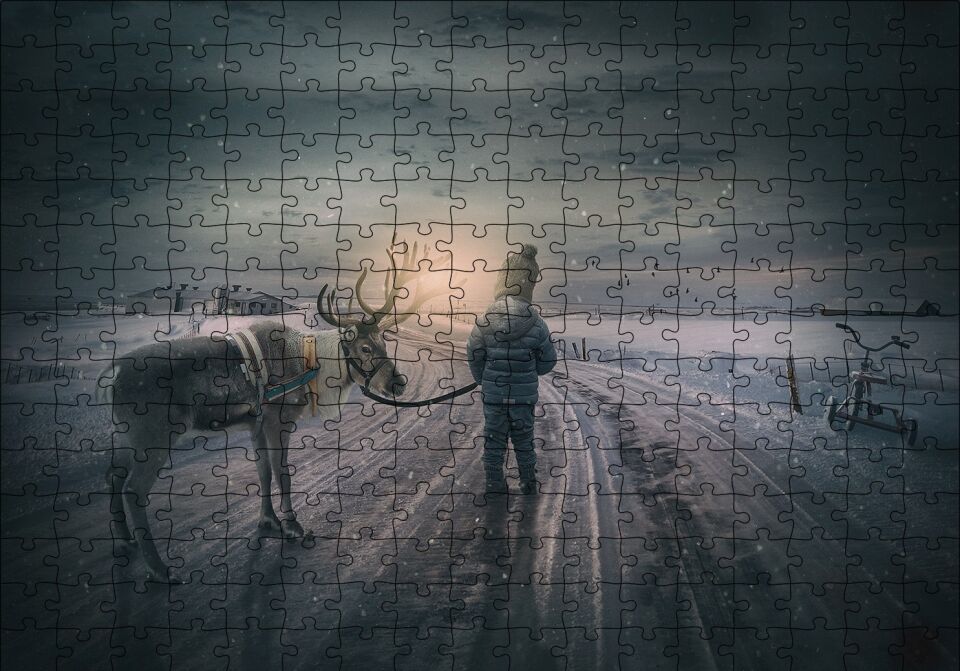Kış Ren Geyiği Küçük Çocuk Puzzle Yapboz MDF Ahşap 255 Parça 34 cm X 49 cm