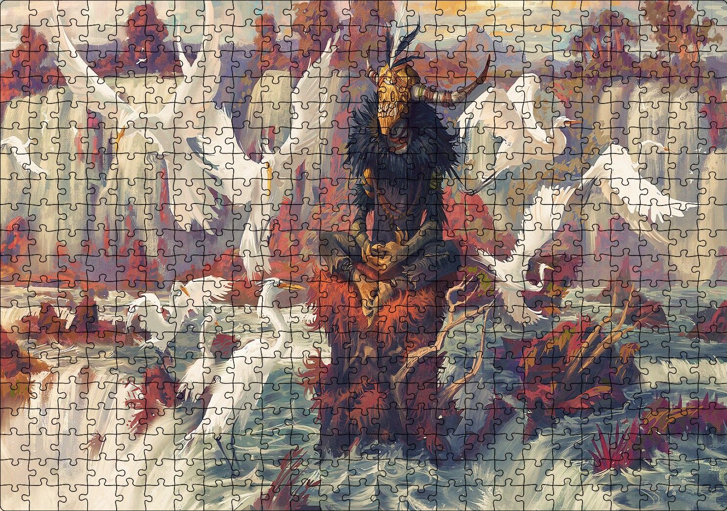 Kuşlar Şelale Kırmızı Kaya Boynuz Maskeli Adam Görseli Puzzle Yapboz MDF Ahşap 500 Parça 49 cm X 68 cm