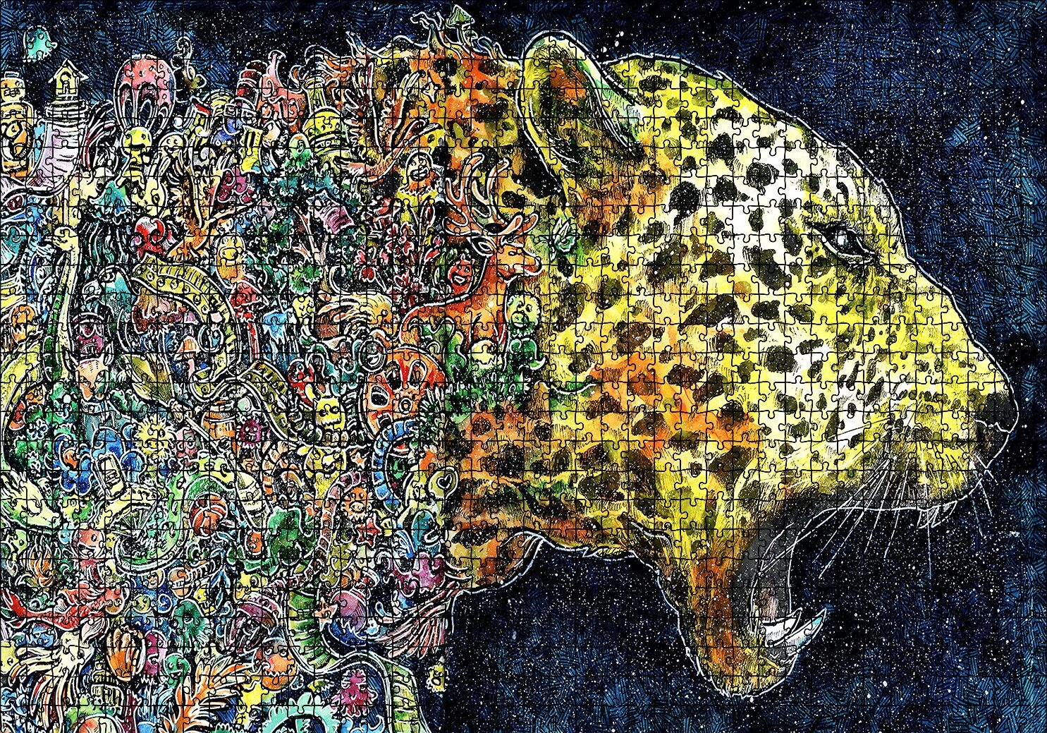 Renkli Karışık Objelerden Oluşan Leopar Puzzle Yapboz MDF Ahşap 1000 Parça 49 cm X 68 cm