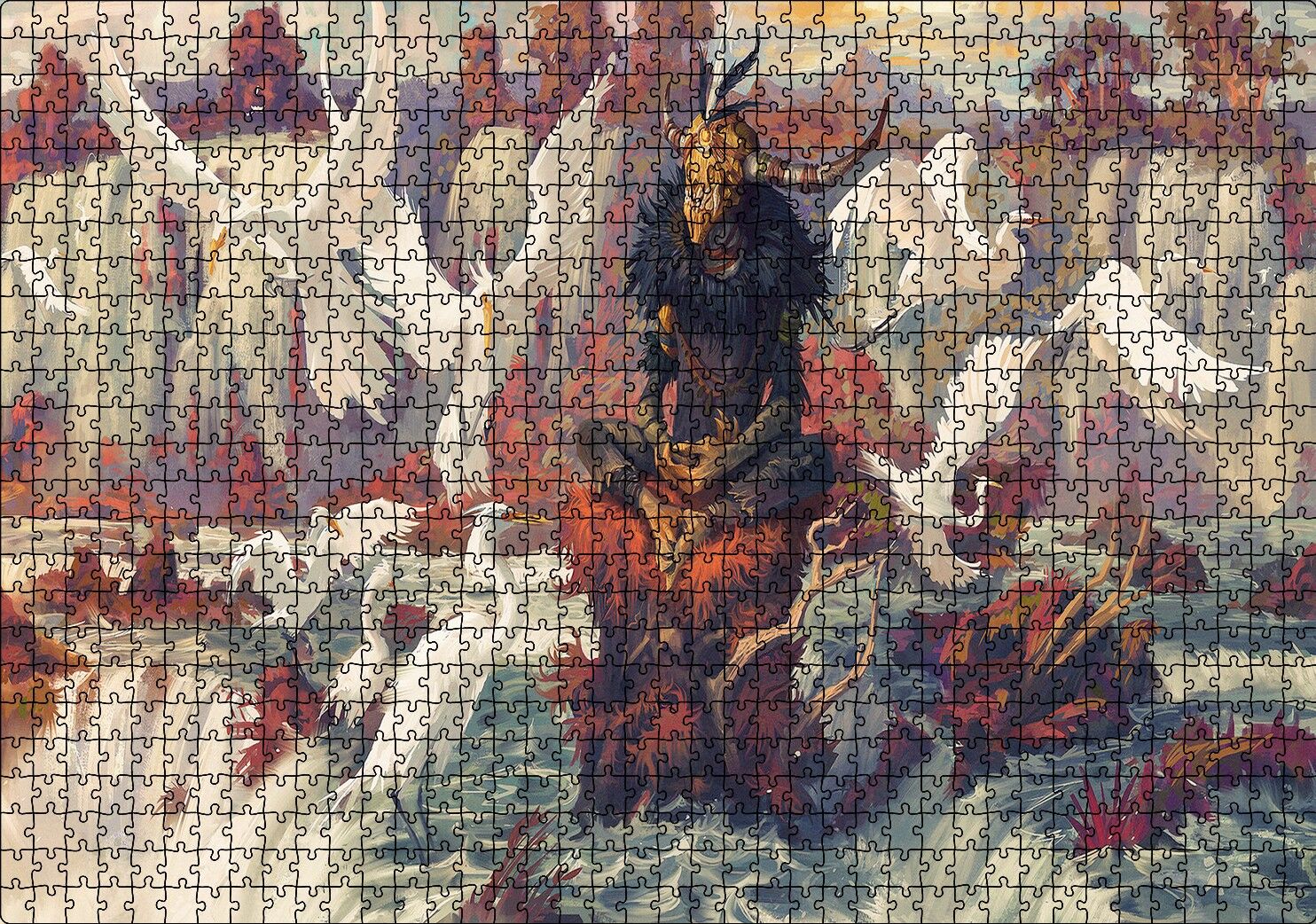 Kuşlar Şelale Kırmızı Kaya Boynuz Maskeli Adam Görseli Puzzle Yapboz MDF Ahşap 1000 Parça 49 cm X 68 cm