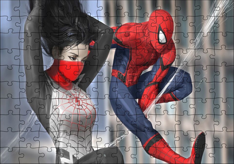 Örümcek Adam Ve İpek Görseli Puzzle Yapboz MDF Ahşap 120 Parça 24 cm X 34 cm