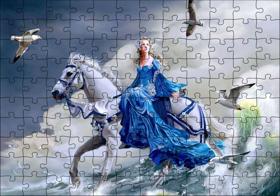 Beyaz Atlı Mavi Elbiseli Kız Deniz ve Martılar Puzzle Yapboz MDF Ahşap 120 Parça 24 cm X 34 cm