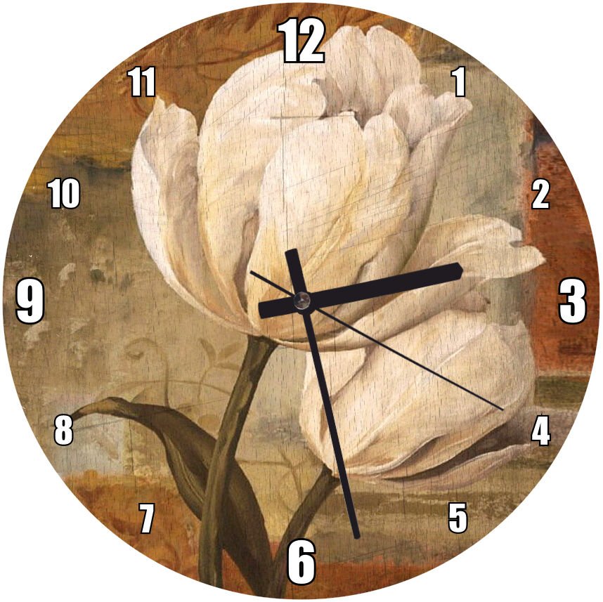 Yağlı Boya Beyaz Çiçek  Mdf Ahşap Duvar Saati 30 cm Çap