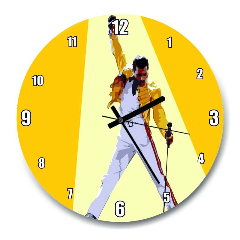 Freddie Mercury Sarı Zemin  Mdf Ahşap Duvar Saati 50 cm Çap