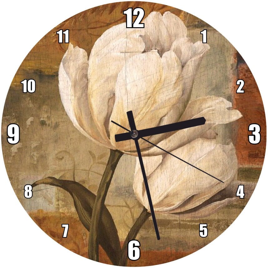 Yağlı Boya Beyaz Çiçek  Mdf Ahşap Duvar Saati 50 cm Çap