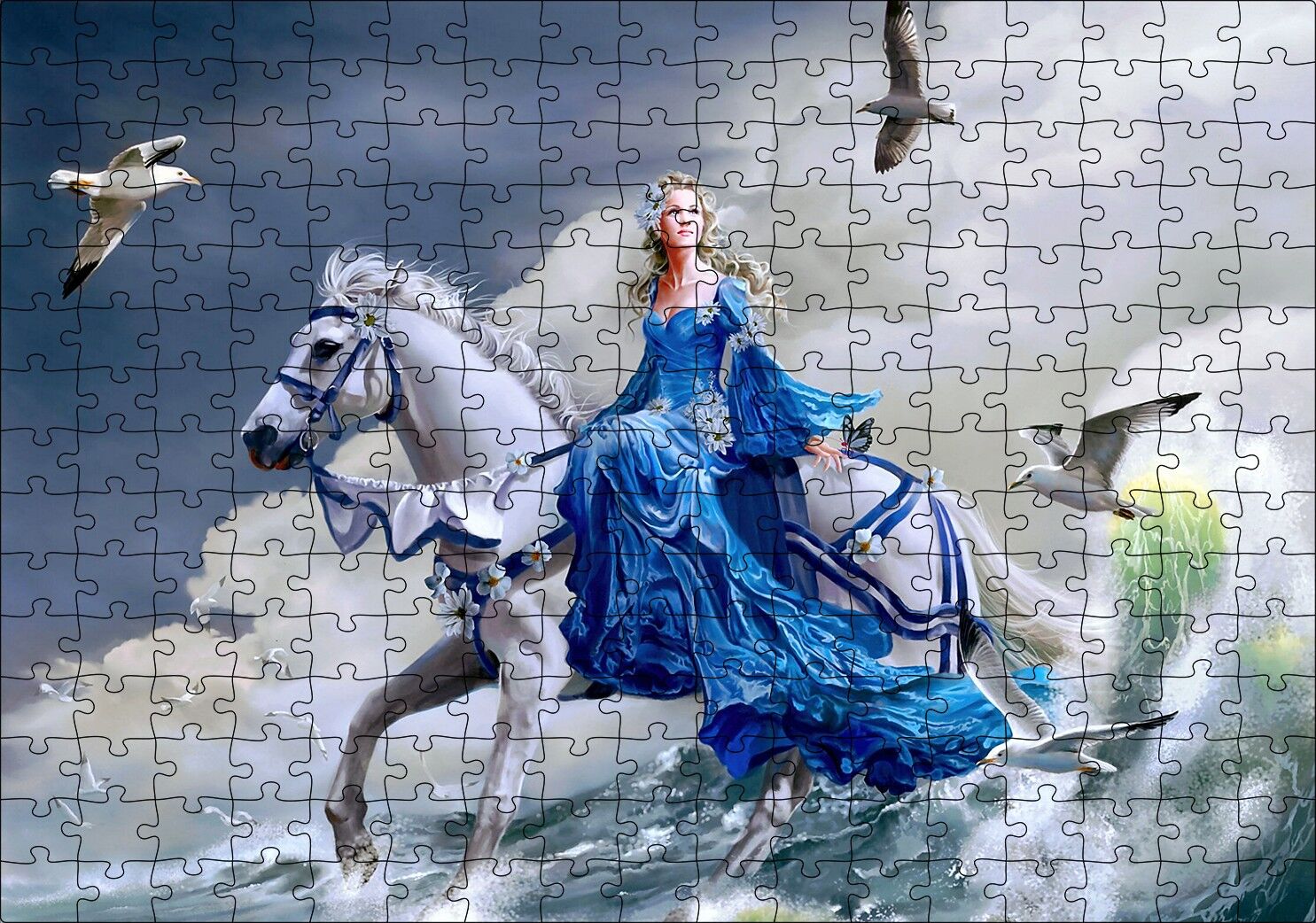 Beyaz Atlı Mavi Elbiseli Kız Deniz ve Martılar Puzzle Yapboz MDF Ahşap 255 Parça 34 cm X 49 cm