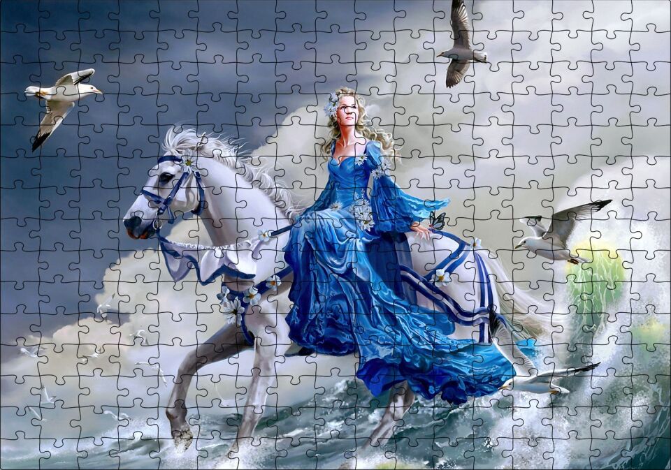 Beyaz Atlı Mavi Elbiseli Kız Deniz ve Martılar Puzzle Yapboz MDF Ahşap 255 Parça 34 cm X 49 cm