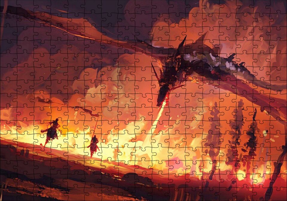 Ejderha Aleviyle Yanan Orman ve Savaşçılar Puzzle Yapboz MDF Ahşap 255 Parça 34 cm X 49 cm