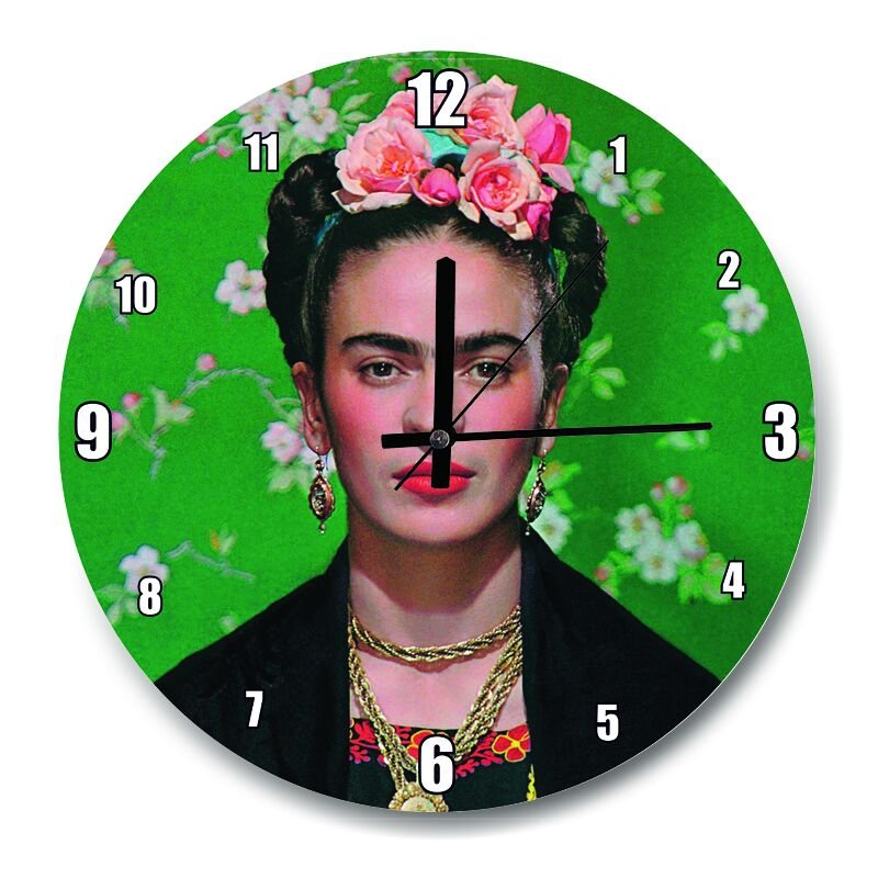Frida Kahlo Yeşil Zeminde  Mdf Ahşap Duvar Saati 30 cm Çap