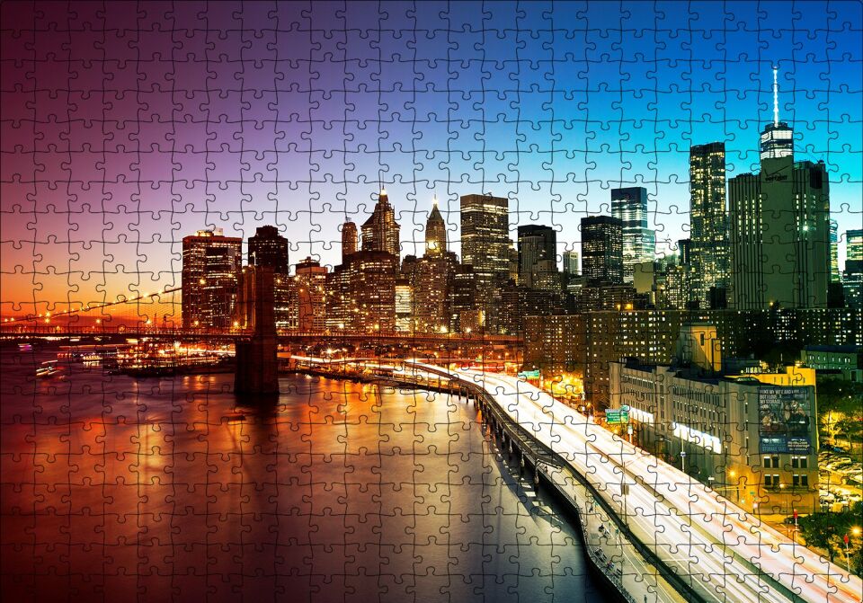 New York Manhattan Köprüsü ve Gece Manzarası Puzzle Yapboz MDF Ahşap 500 Parça 49 cm X 68 cm