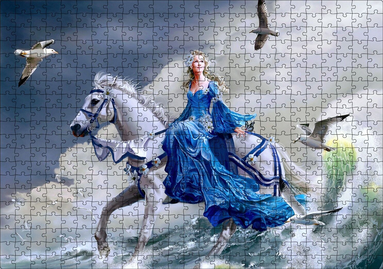Beyaz Atlı Mavi Elbiseli Kız Deniz ve Martılar Puzzle Yapboz MDF Ahşap 500 Parça 49 cm X 68 cm