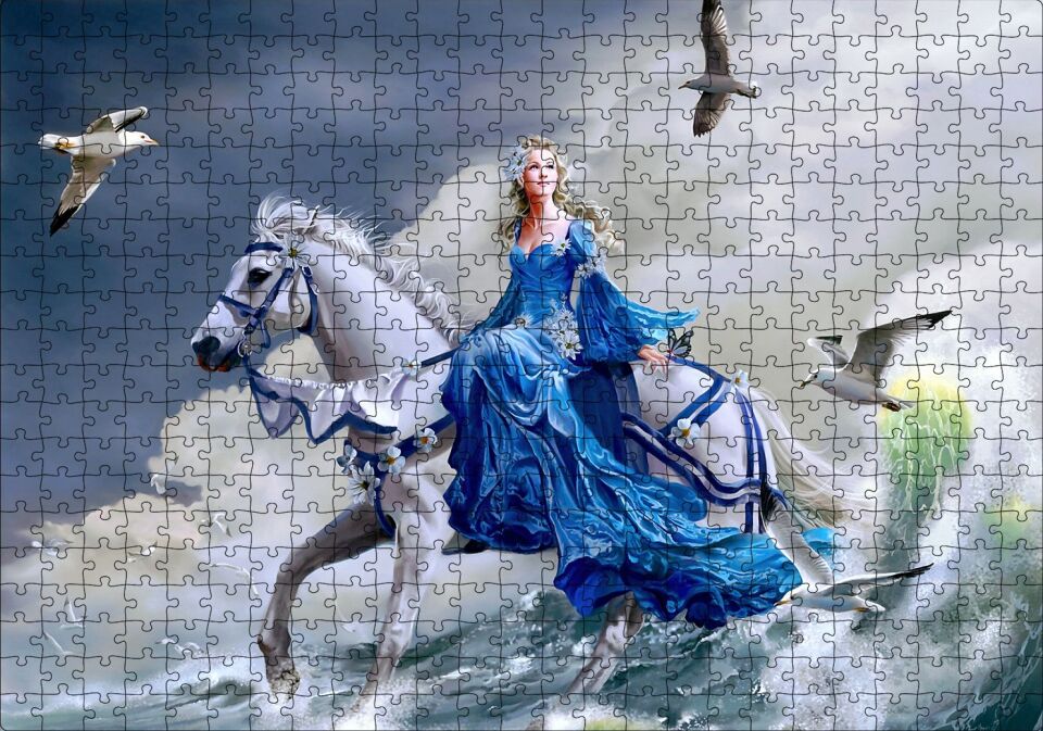 Beyaz Atlı Mavi Elbiseli Kız Deniz ve Martılar Puzzle Yapboz MDF Ahşap 500 Parça 49 cm X 68 cm
