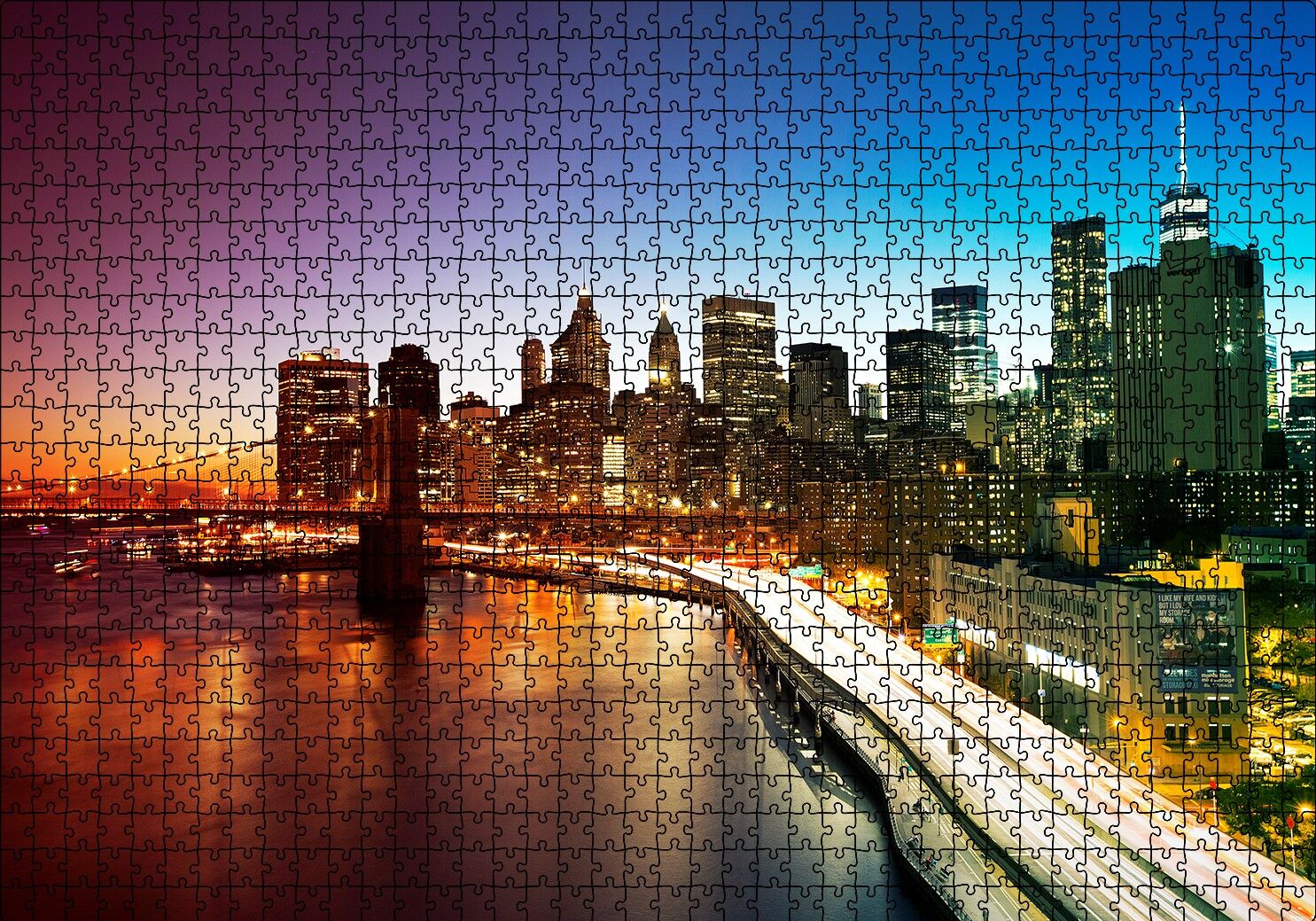 New York Manhattan Köprüsü ve Gece Manzarası Puzzle Yapboz MDF Ahşap 1000 Parça 49 cm X 68 cm