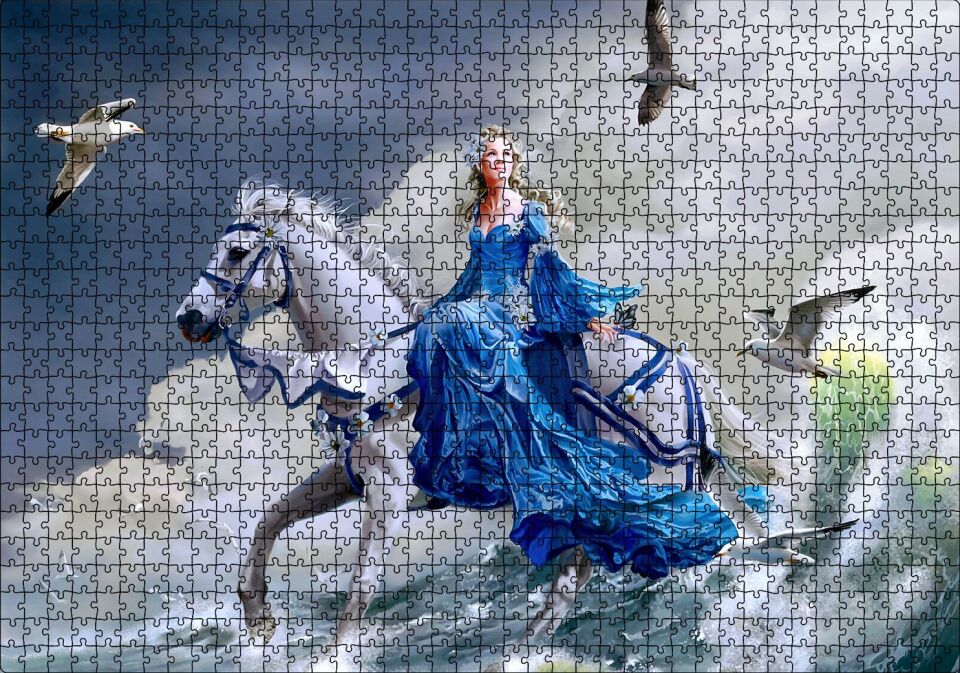 Beyaz Atlı Mavi Elbiseli Kız Deniz ve Martılar Puzzle Yapboz MDF Ahşap 1000 Parça 49 cm X 68 cm