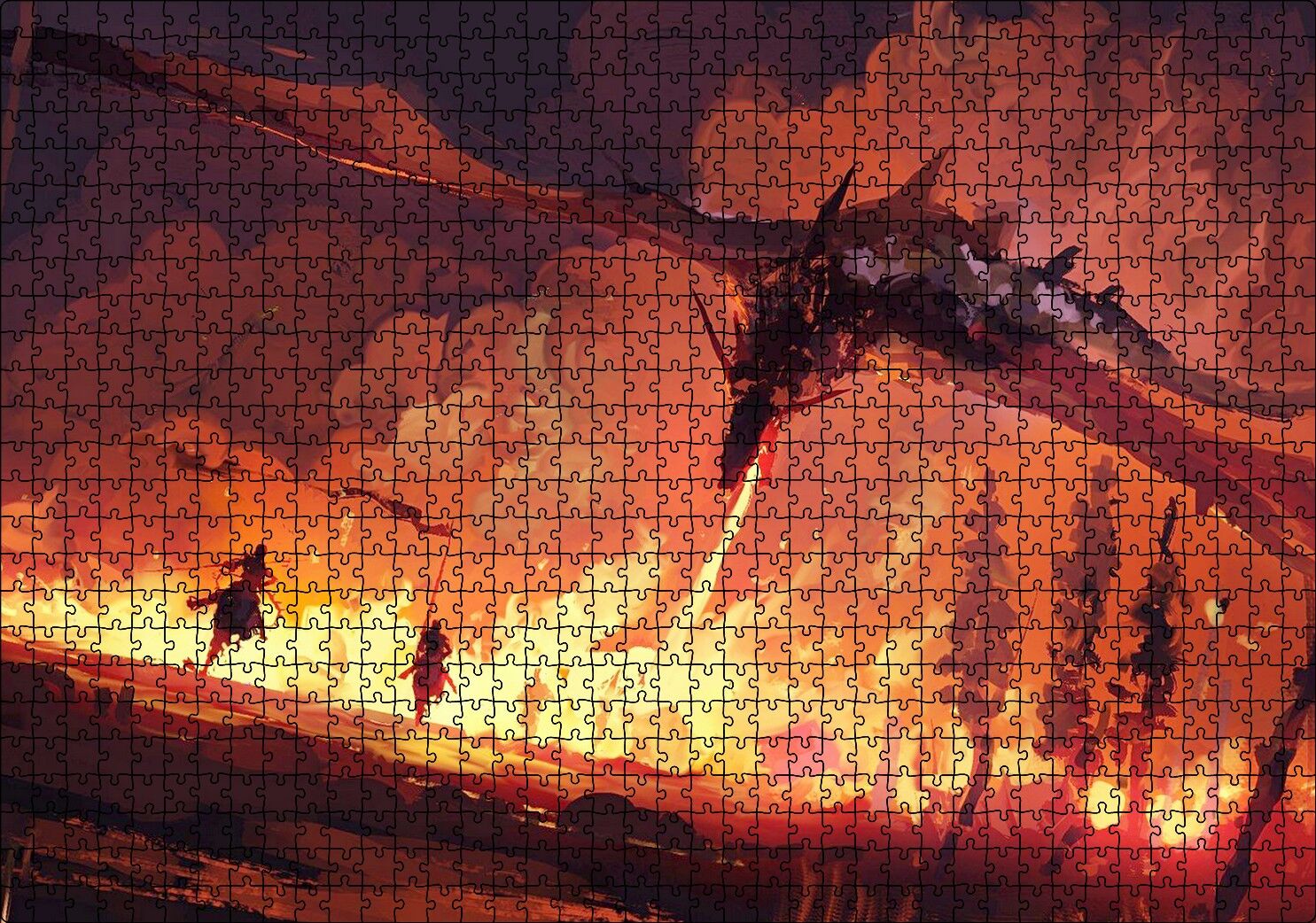 Ejderha Aleviyle Yanan Orman ve Savaşçılar Puzzle Yapboz MDF Ahşap 1000 Parça 49 cm X 68 cm