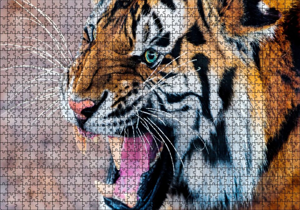 Kükreyen Kaplan Puzzle Yapboz MDF Ahşap 1000 Parça 49 cm X 68 cm
