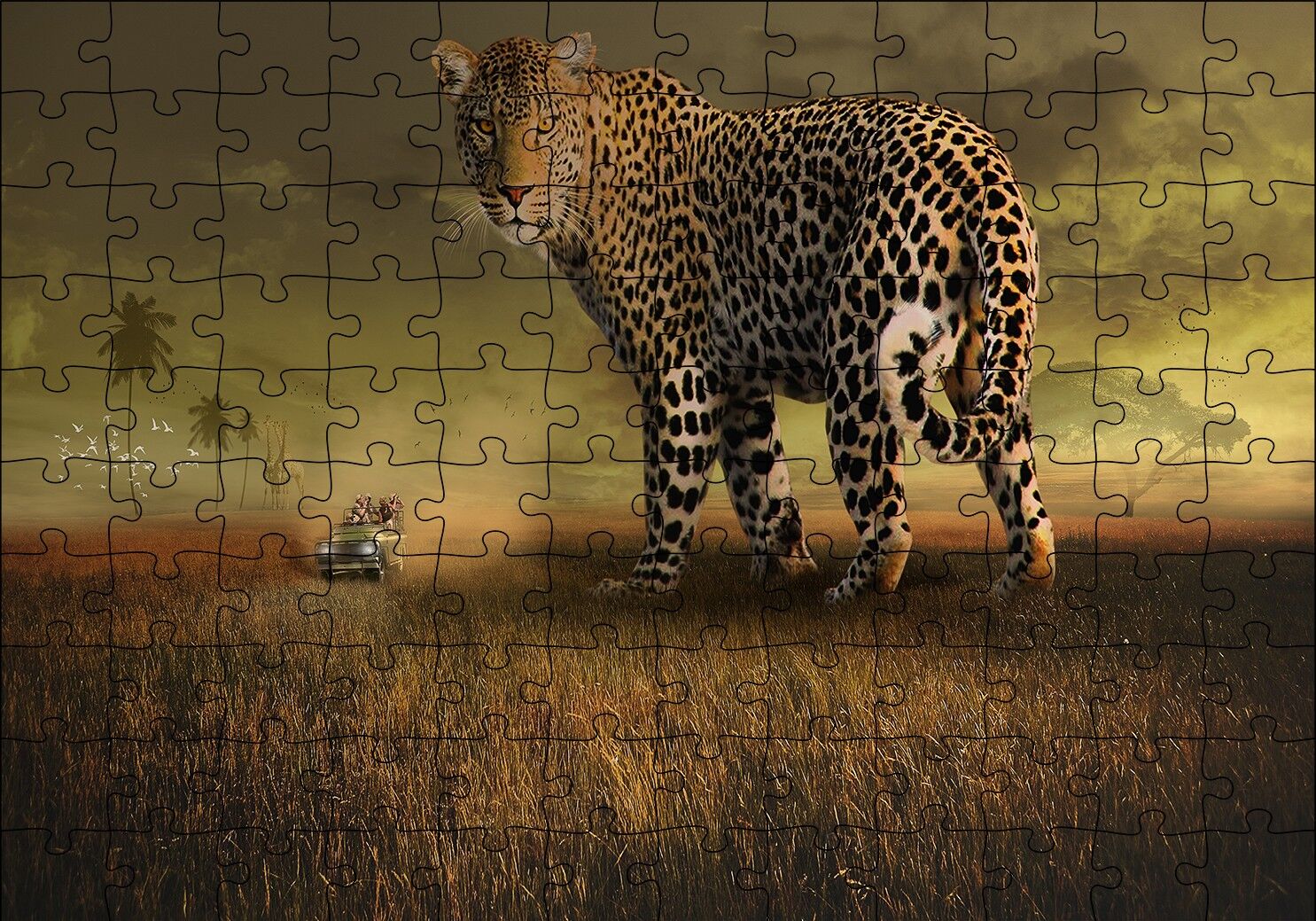 Safaride Turistler ve Dev Leopar İllüstrasyon Puzzle Yapboz MDF Ahşap 120 Parça 24 cm X 34 cm