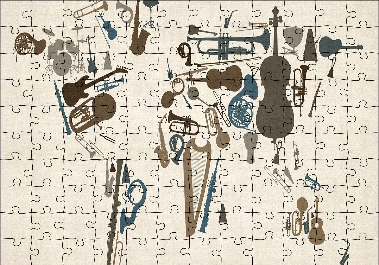 Enstrümanlardan Oluşan Dünya Haritası Puzzle Yapboz MDF Ahşap 120 Parça 24 cm X 34 cm