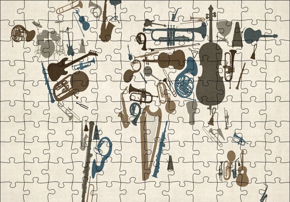 Enstrümanlardan Oluşan Dünya Haritası Puzzle Yapboz MDF Ahşap 120 Parça 24 cm X 34 cm