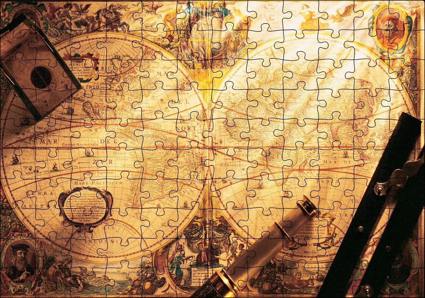Eski Dünya Haritası Dürbün Pusula ve Usturlab Puzzle Yapboz MDF Ahşap 120 Parça 24 cm X 34 cm