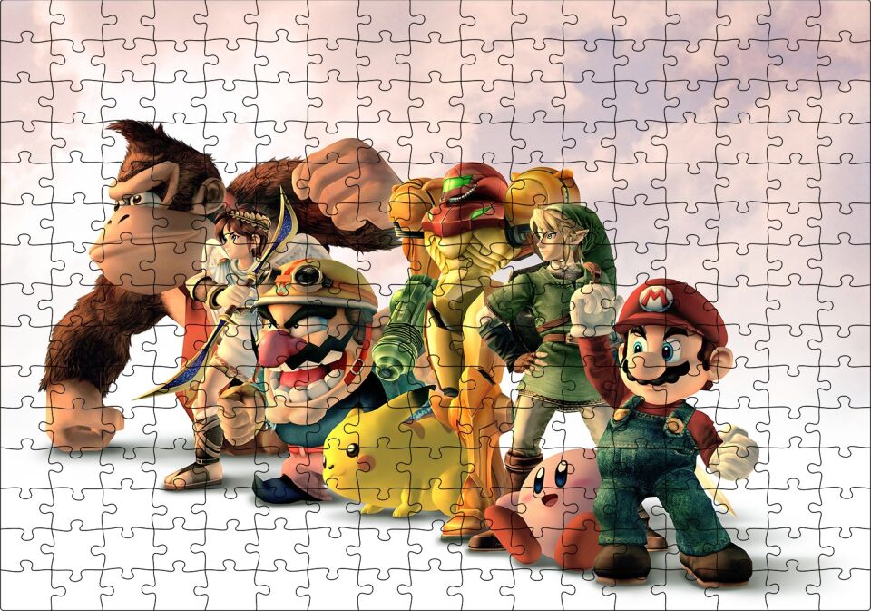 Bilgisayar ve Atari Oyun Karakterleri Bulutlu Arka Plan Puzzle Yapboz MDF Ahşap 255 Parça 34 cm X 49 cm