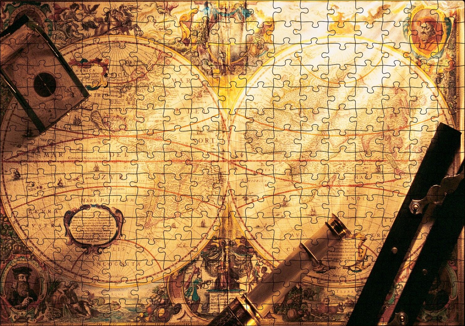 Eski Dünya Haritası Dürbün Pusula ve Usturlab Puzzle Yapboz MDF Ahşap 255 Parça 34 cm X 49 cm