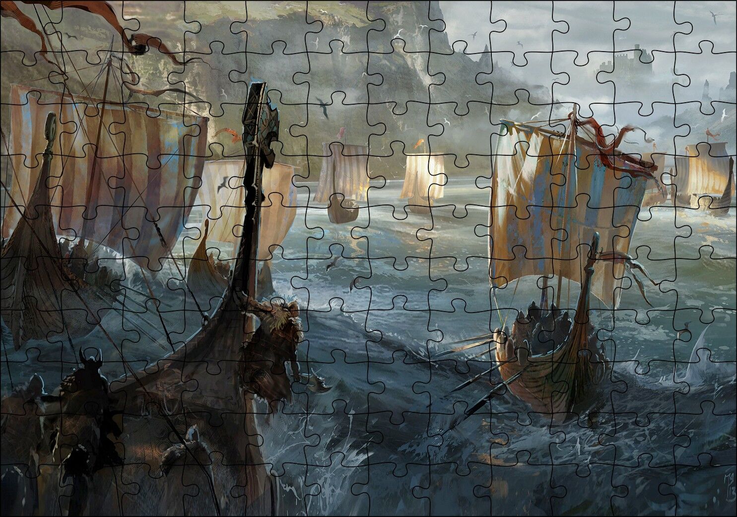 Dalgalı Denizde Viking Gemileri Puzzle Yapboz MDF Ahşap