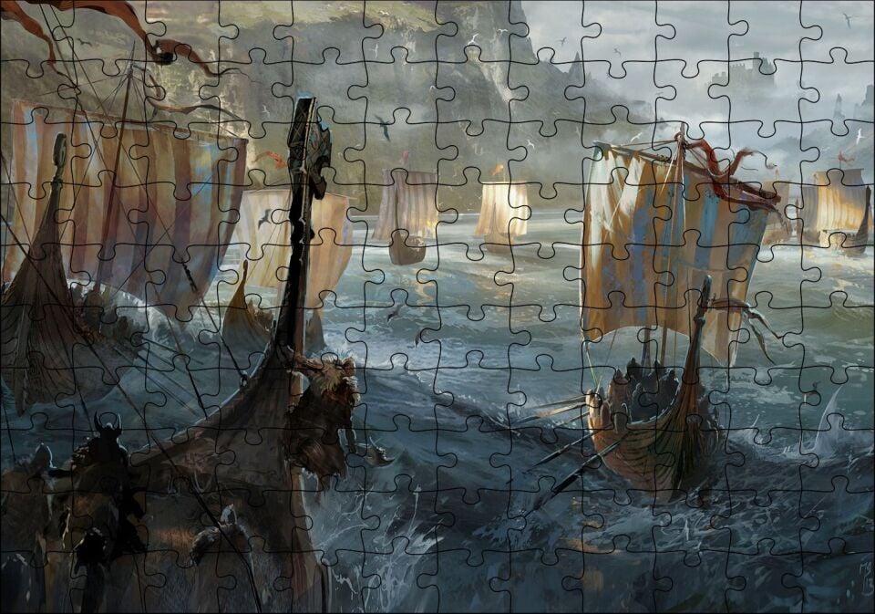Dalgalı Denizde Viking Gemileri Puzzle Yapboz MDF Ahşap