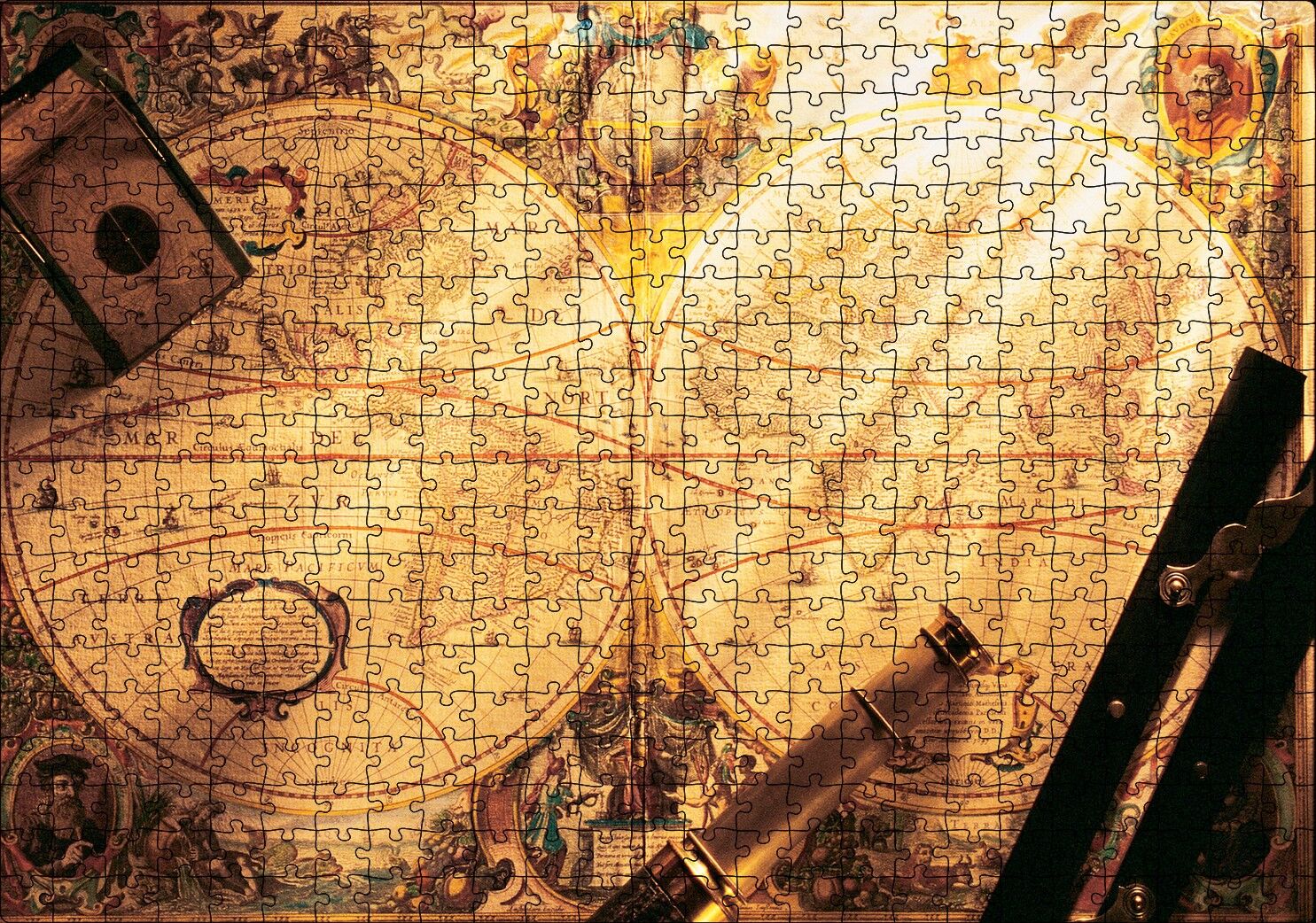 Eski Dünya Haritası Dürbün Pusula ve Usturlab Puzzle Yapboz MDF Ahşap 500 Parça 49 cm X 68 cm