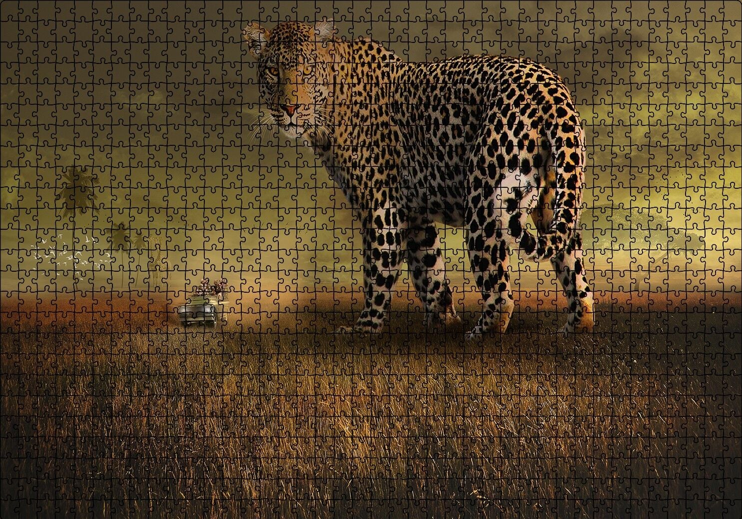 Safaride Turistler ve Dev Leopar İllüstrasyon Puzzle Yapboz MDF Ahşap 1000 Parça 49 cm X 68 cm